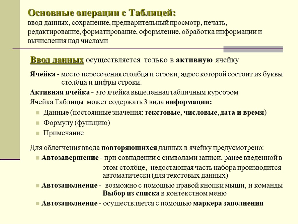 Основные операции с Таблицей: ввод данных, сохранение, предварительный просмотр, печать, редактирование, форматирование, оформление, обработка